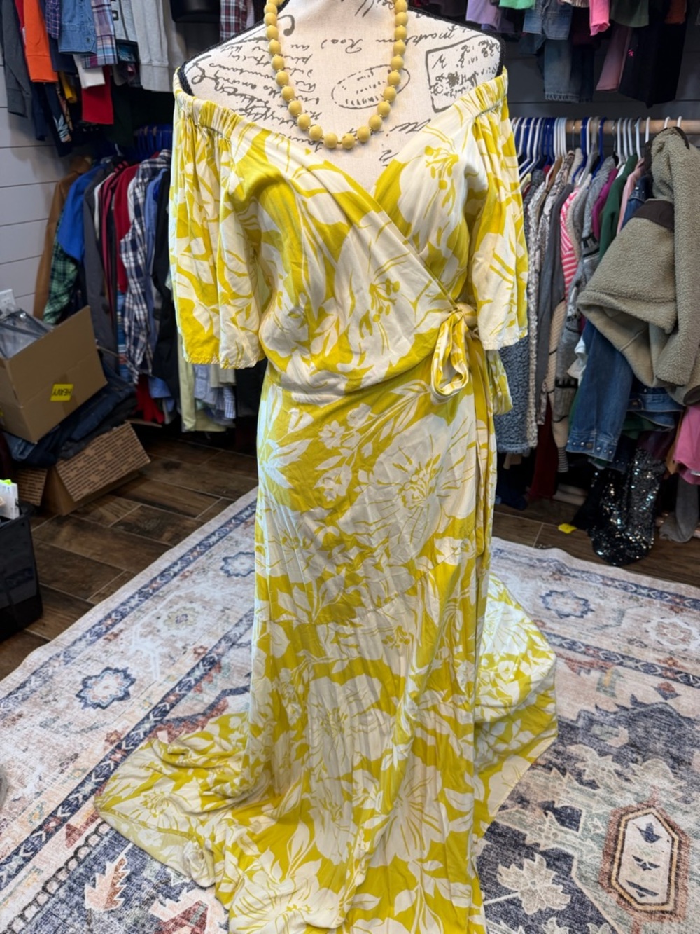 Yellow Floral Off-Shoulder Wrap Maxi Dress Beaded necklace included